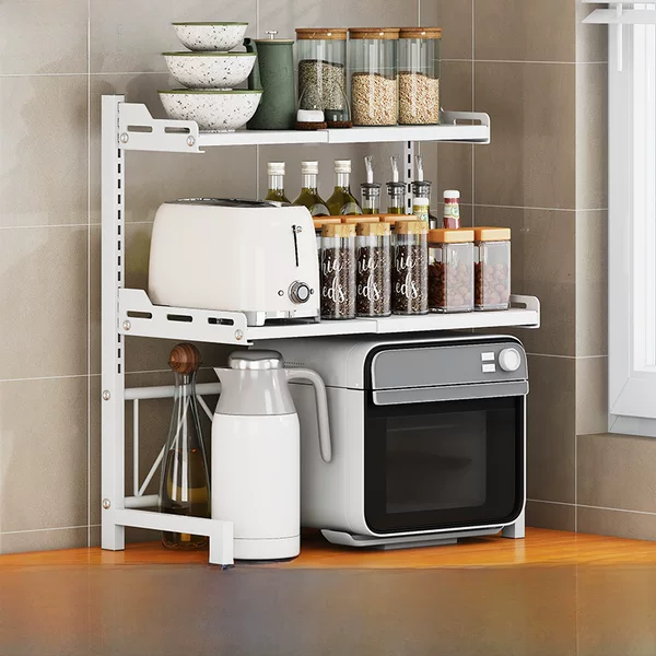 Kitchen Microwave Storage Rack, Adjustable and Retractable, Spice Rack, Rice Cooker Rack, Dish Rack, Floor-Standing Spice Rack