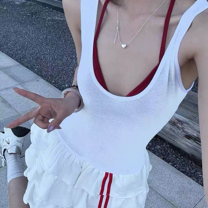Cross-Border Taiwan In-Stock Items [Modal Top + Four-Way Stretch Skirt] Red and White Jersey Style Tiered Dress for Women