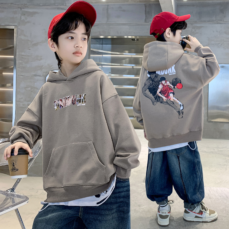 Boys' Hooded Sweatshirt with Winter Cap and Spring Autumn 2023 New Design Long-Sleeved Hooded for Big Children 
