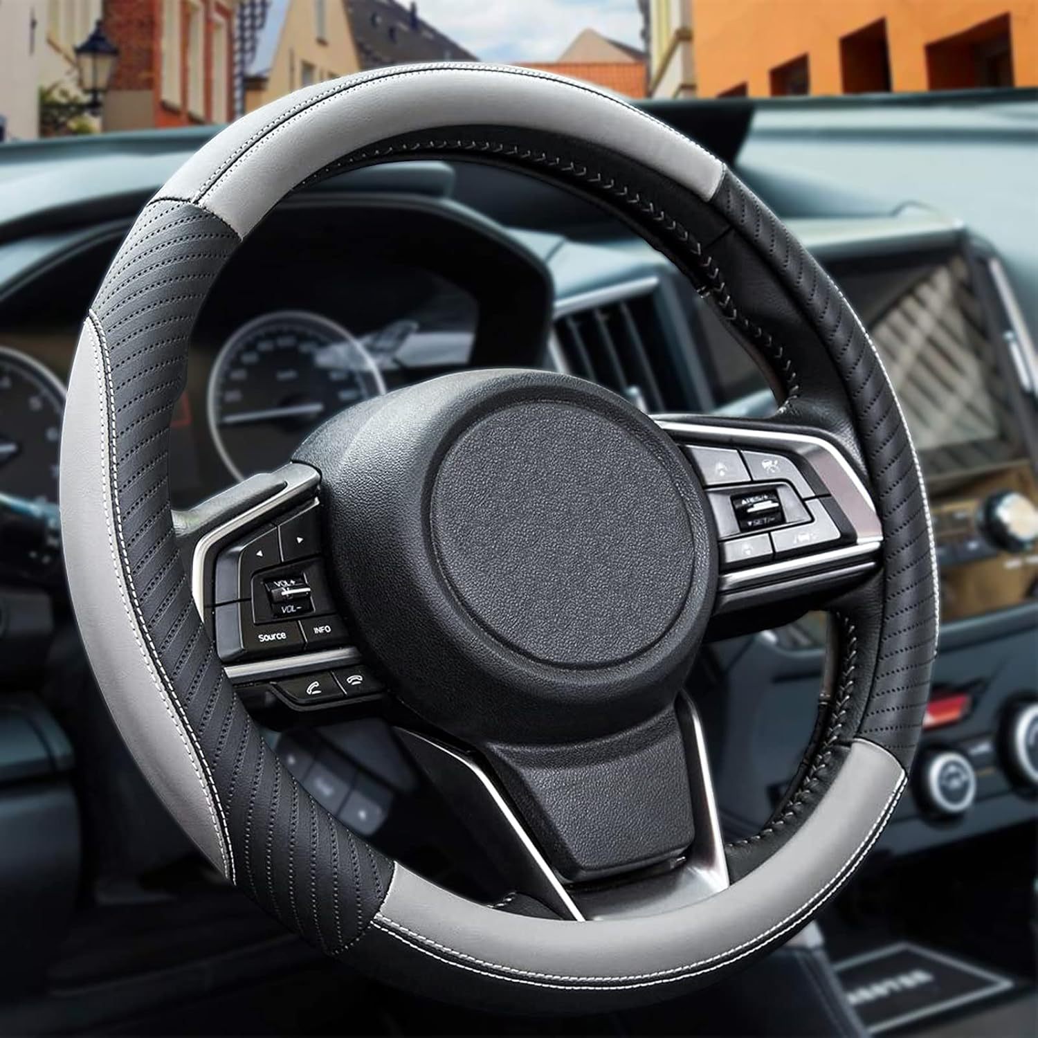 Cross-Border E-Commerce Popular Car Steering Wheel Cover White Rubber Inner Ring Leather Embossed Four-Season Universal Handlebar Cover Wholesale