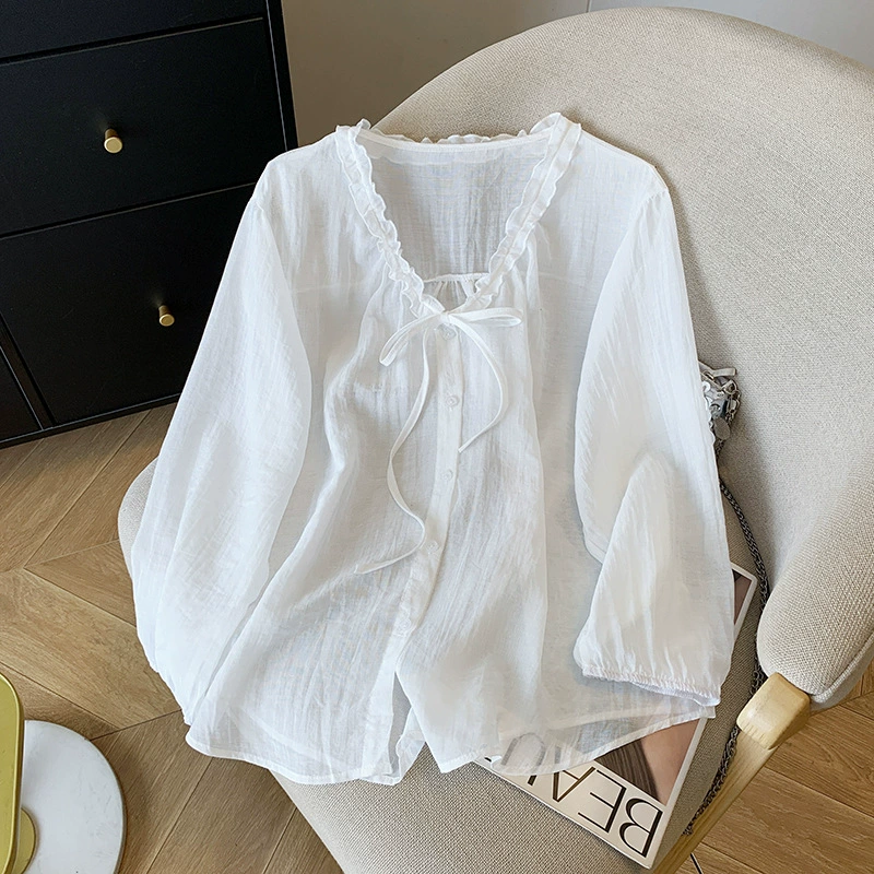 Женская хлопково-льняная рубашка с длинными рукавами и v-образным вырезом по бокам, летняя тонкая белая солнцезащитная куртка из ледяного шелка, элитный топ во французском стиле
