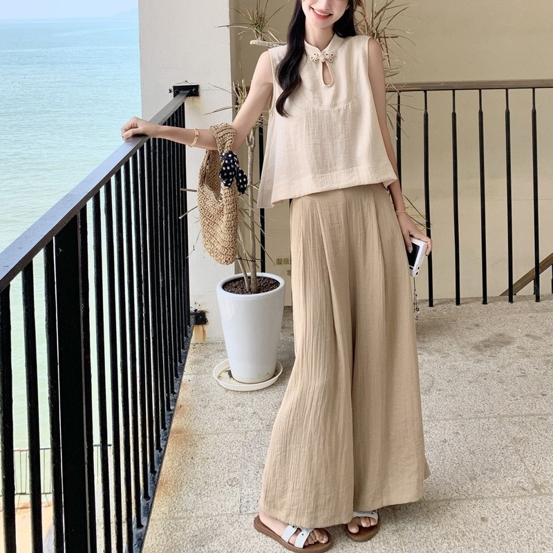 轻国风时尚盘扣无袖上衣阔腿裤套装女夏新款高级感气质显瘦两件套|undefined