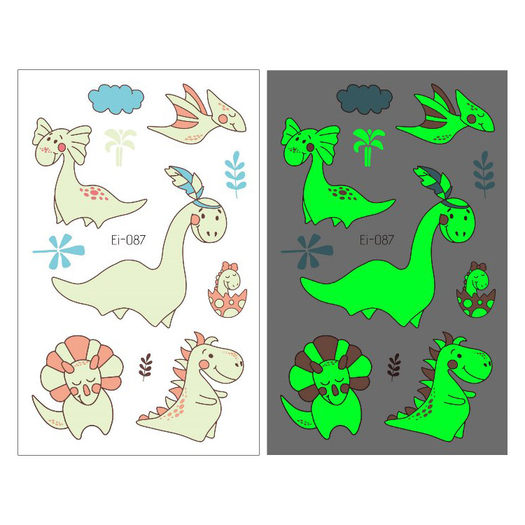 Suministro transfronterizo nuevo dinosaurio luminoso tatuaje pegatinas niños dibujos animados diversión pegatinas luminosas pegatinas temporales del tatuaje
