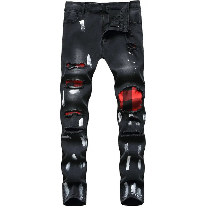 European and American High Street Fashion Brand Men's Jeans, Ripped and Splatter-Dyed Slim Fit Tapered Denim Pants, Cross-Border Foreign Trade Wholesale