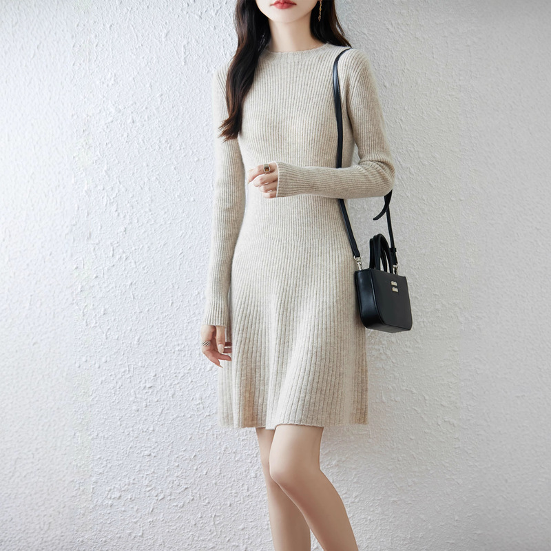 Autumn and Winter 100% Pure Wool Sweater Knitted Dress Women's Round Neck Slimming Look A-Line Mid-Length Cashmere Bottoming Sweater Dress