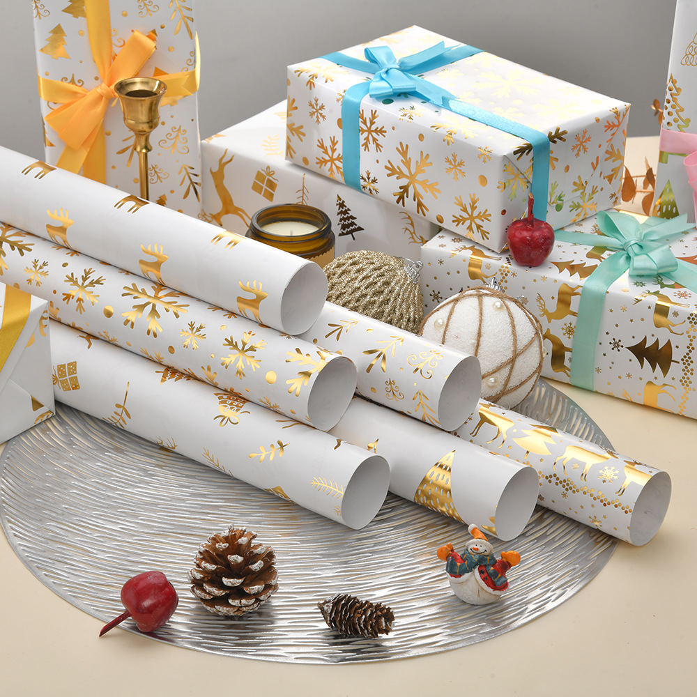 Navidad nuevo brillante papel de bronce estampado árbol de Navidad copo de nieve regalo de Navidad papel de embalaje de regalo al por mayor