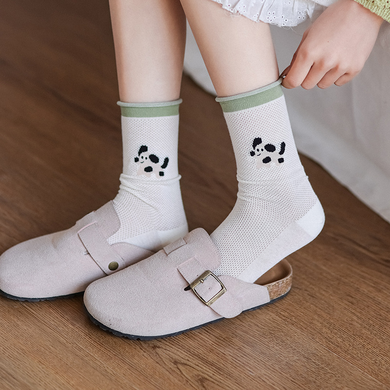 2025 verano delgado calcetines de algodón de malla transpirable calcetines de dibujos animados perros medias calcetines de color sólido calcetines de borde de hormigón al por mayor