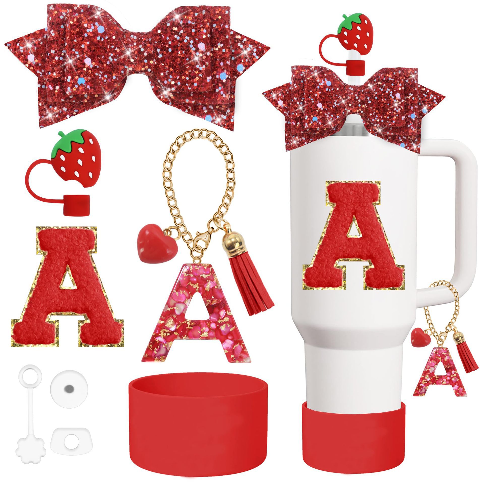 Stanley Cup Accessories Strawberry Bow Decoration Fragrant Diamond Pendant Straw Cap Letter Hanging 8 Piece Set