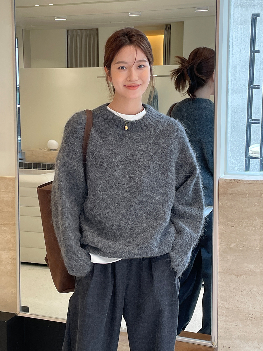 【広州6m】アルパカウールのゆったりとしたセーター2025冬服韓国版シンプル長袖ラウンドネックトップスM9253