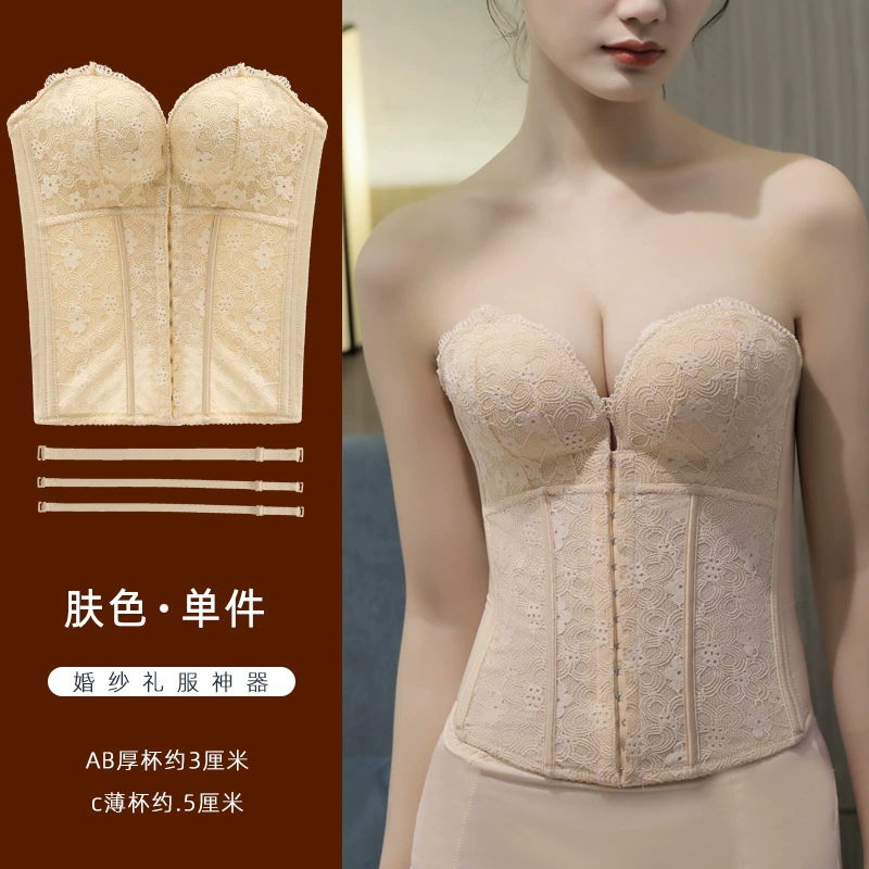 Strapless Bridal Corset Bra, Lace Waist Cincher, Front-Back Hook, Sizes 70AB–85C