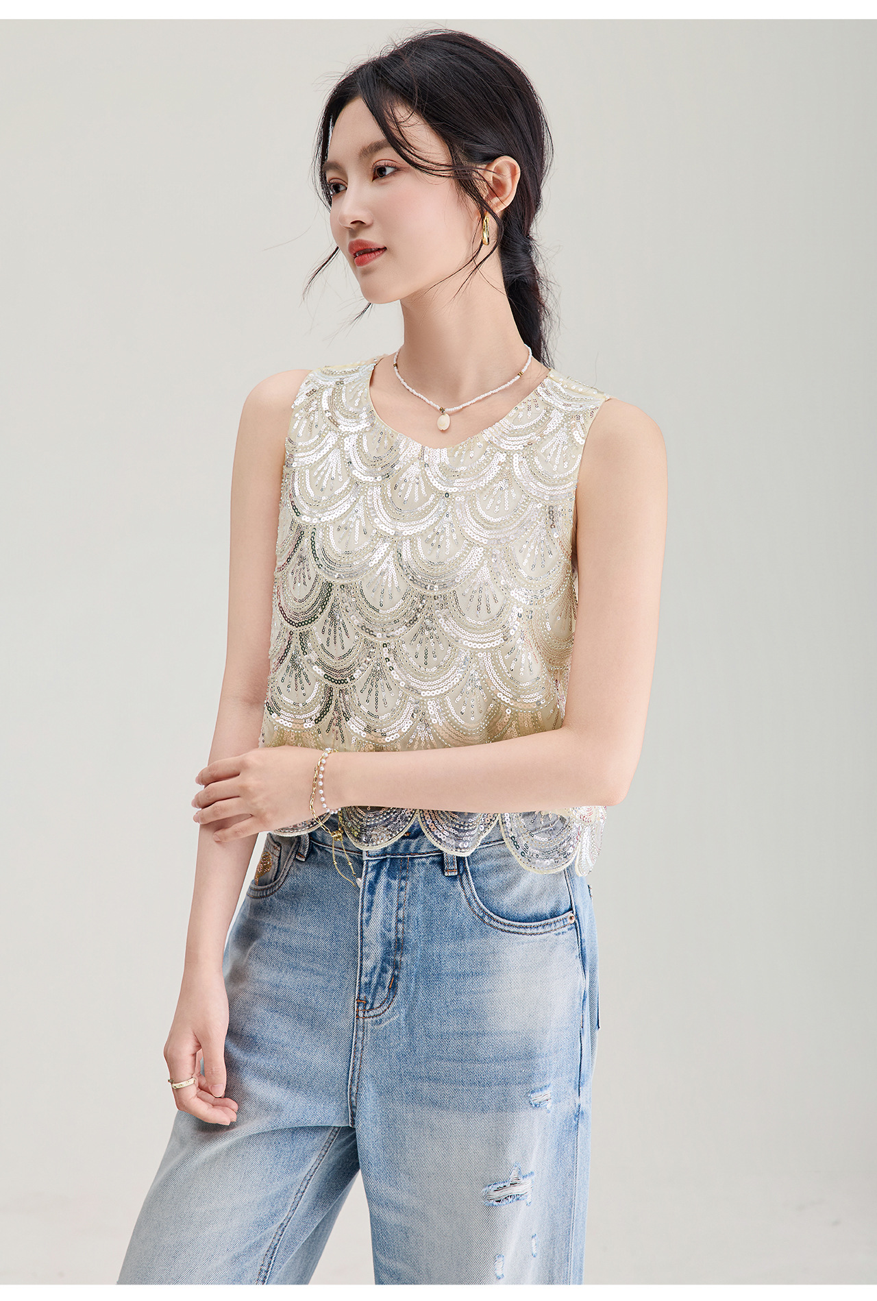 Áo hai dây nữ đính cườm sequin cao cấp phong cách Pháp — màu đen chi tiết 18