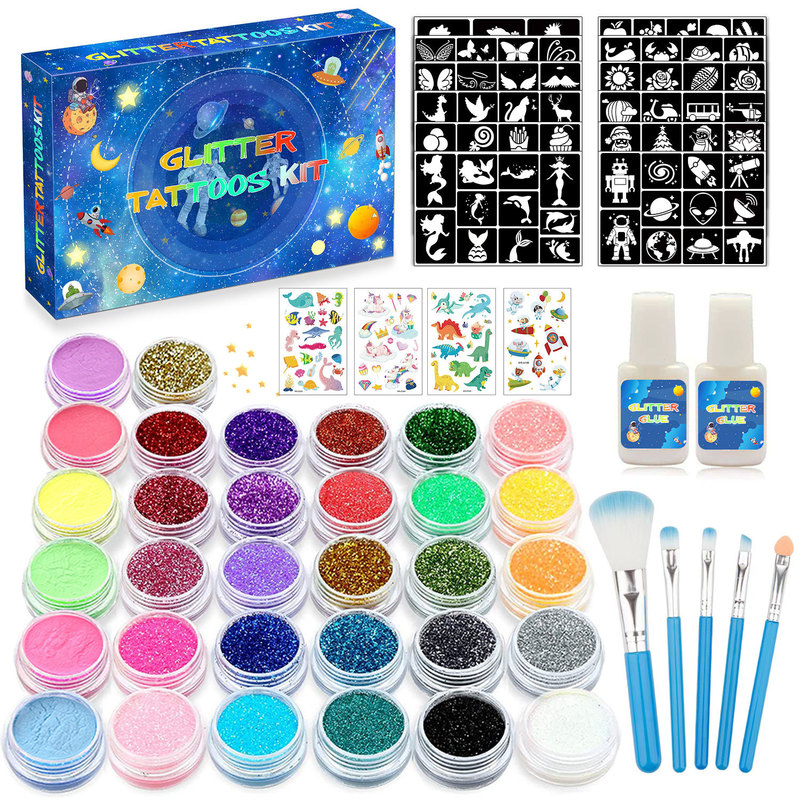 New tattoo glitter powder suit 26 colors glitter powder and 6 colors luminous powder, stage glitter makeup temporary tattoo suit