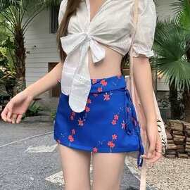 泳衣女四件套2026年新款欲风绑带短款衬衫上衣高腰蓝色碎花半身裙