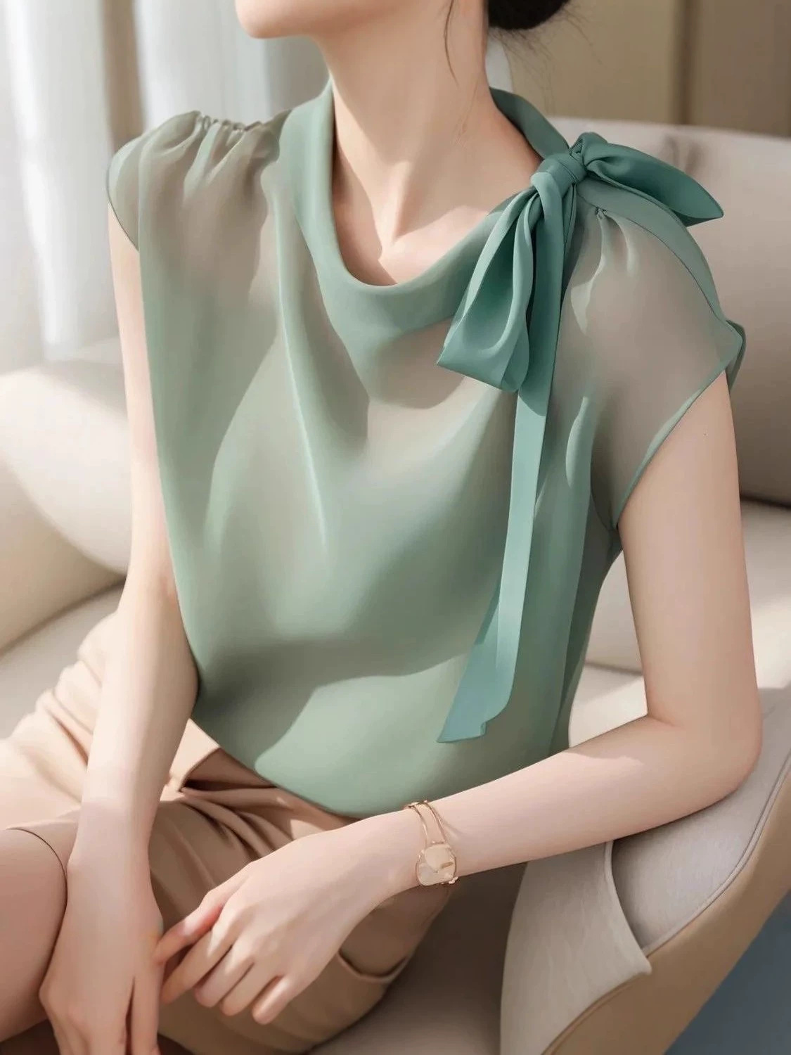 Áo sơ mi lụa nữ tay ngắn cổ nơ bướm kiểu Pháp — xanh lá cây