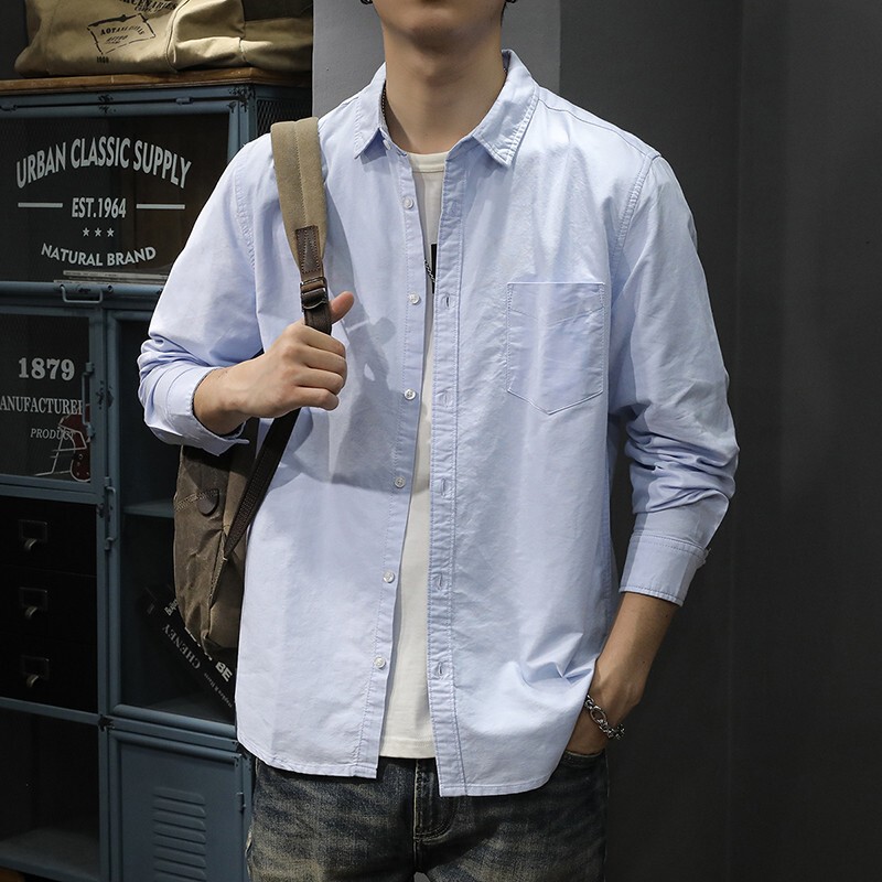 Autumn and Winter new American casual cotton men's long-sleeved shirt loose fashion brand simple lapel solid color bottoming shirt