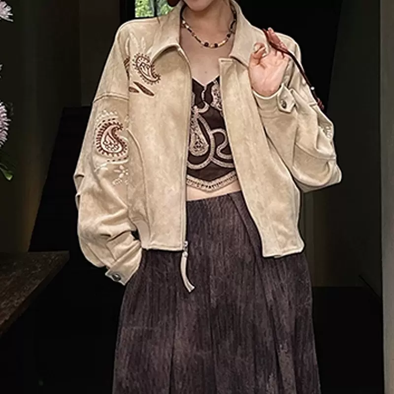 【梦洲】定腰果花刺绣环保麂皮夹克高街痞帅重磅刺绣2025秋季新款