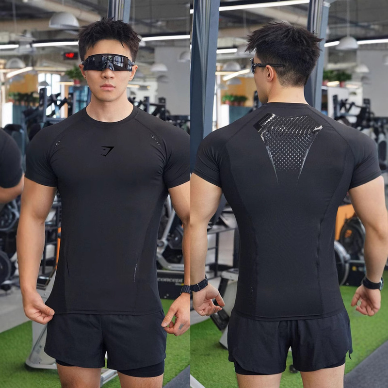 GYMSHARK 半袖メンズ夏フィットネス半袖バスケットボールランニングトレーニングプリントストレッチスポーツタイト Tシャツ|undefined