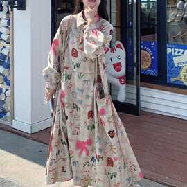 2025秋新款设计感格子涂鸦长袖连衣裙女显瘦休闲减龄到脚踝长裙