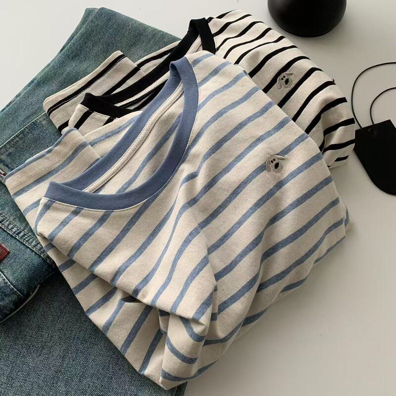 Cotton Yarn-dyed Striped Embroidered Short-sleeved T-shirt Women's Summer New Korean Loose Cute Age-reducing Crewneck Top tee