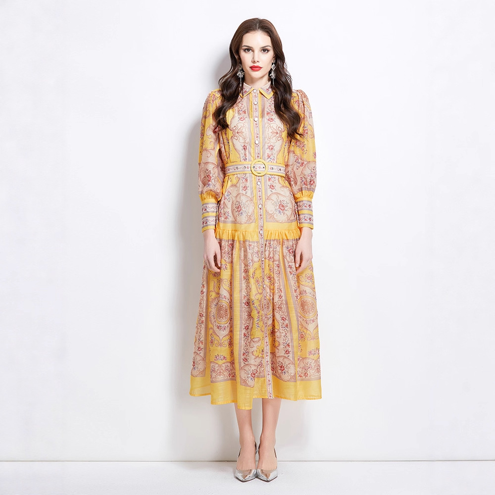 2025春季新款古典宫廷风印花束腰单排扣长款连衣裙