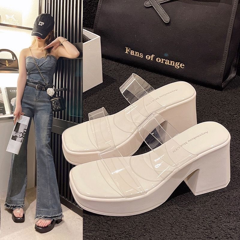 Sandalias Zuecos de Tacón Alto con Tira Transparente para Mujer de Caucho y PU