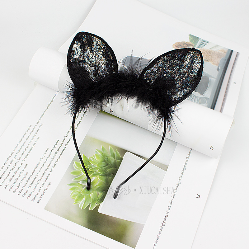 Bunny Ear Headband with Lace Eye Mask, Black Plush Costume Accessory Set — detail image 7