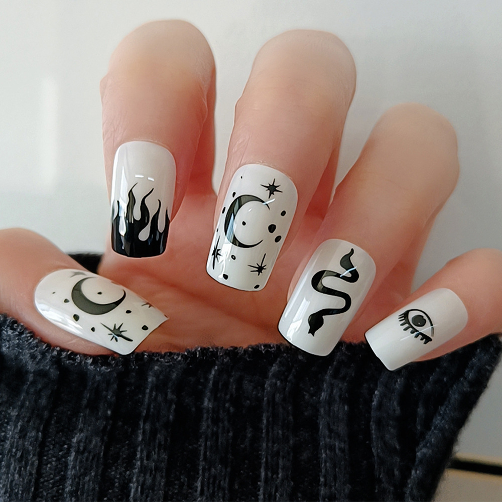 Ventas transfronterizas medianas y largas, cara brillante, uñas, runas de viento oscuro, uñas, 24 piezas, uñas falsas europeas y estadounidenses al por mayor. image 1