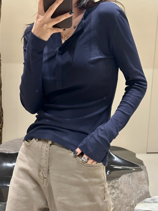 正肩长袖t恤女秋冬季2025新款修身打底衫辣妹美式藏蓝色内搭上衣|undefined