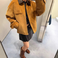 高版本MIU系棕色夹克棉服外套拼皮领子设计男女同款微标刺绣logo