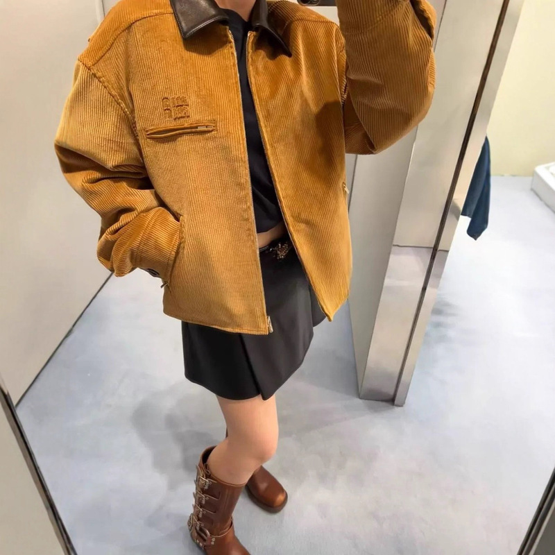 高版本MIU系棕色夹克棉服外套拼皮领子设计男女同款微标刺绣logo|undefined