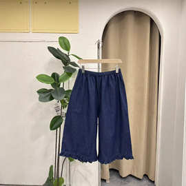 日系小清新69798春夏新品甜美松紧腰木耳边显瘦牛仔直筒裤女休闲