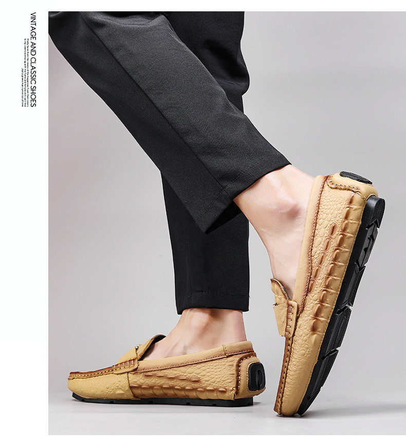 Giày lười nam da bò vân cá sấu mũi tròn, đế bằng, kiểu lái xe cỡ lớn — V6655 màu kaki quý phái, V6655 màu nâu quý ông, V6655 màu đen quý phái, Vàng địa phương V6655 chi tiết 9