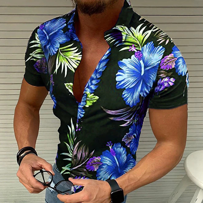 Men's Hawaiian Short-Sleeved Shirt with Black Background and Red Flowers, Tropical Print, Slim Fit, Four-Way Stretch, Vacation Beach, No-Iron Shirt Men's Hawaiian Short-Sleeved Shirt with Black Background and Red Flowers, Tropical Print, Slim Fit, Four-Way Stretch, Vacation Beach, No-Iron Shirt