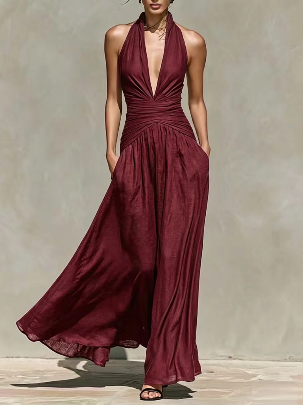 Comercio exterior exclusivo para Europa y América sexy cuello profundo vestido de cuello en V cintura delgada vestido de vacaciones largo sin mangas