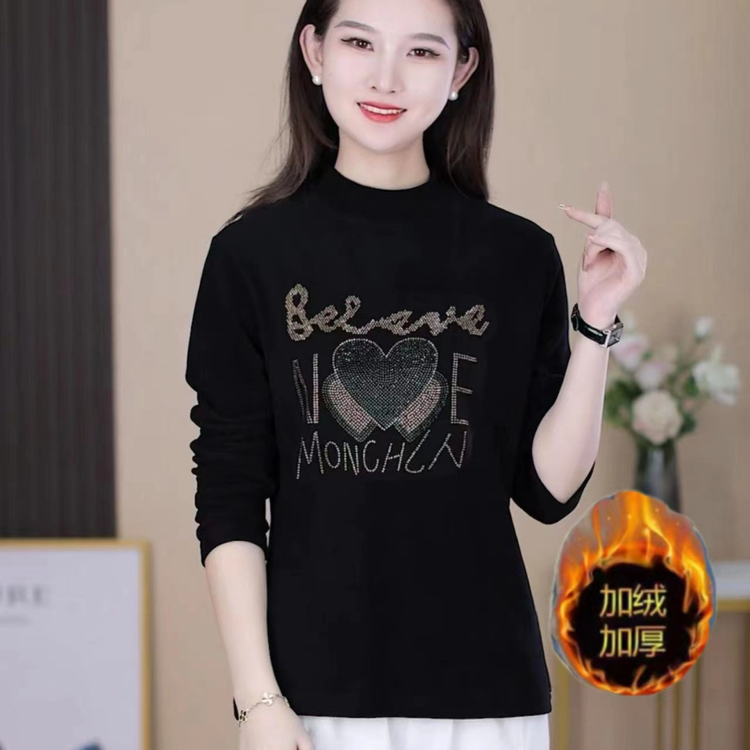 200kg 플러스 사이즈 따뜻한 세미 하이 칼라 바닥 셔츠 여성의 가을 새로운 슬림 고기 커버 드릴링 티셔츠 긴 소매 재킷 여성