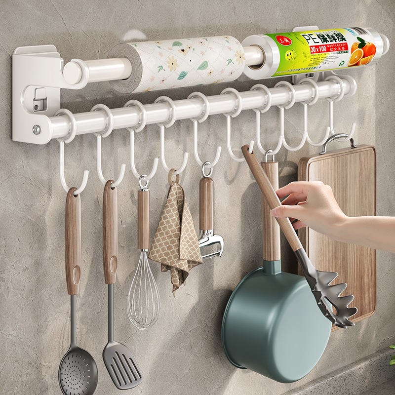 Weißer Haken ohne Bohren, Wandmontage, Hängestange, Aufbewahrung für Küchenutensilien, Löffel, Spatel, Organizer-Rack_voghion.com