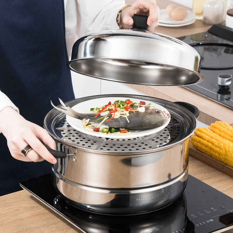 加厚不鏽鋼蒸鍋雙層家用湯鍋燉鍋火鍋蒸饅頭蒸籠電磁爐煤氣鍋28cm
