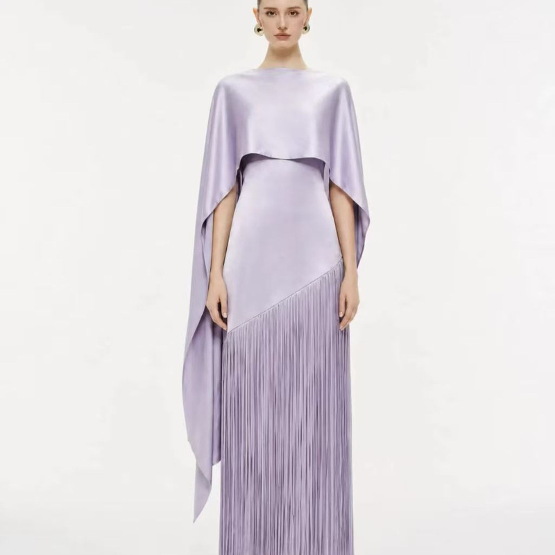 Mist Purple Bias-Cut Tassel Cape-Style Gown Long Dress 2026 Summer New Women's High-End Shawl Dress for Women Mist Purple Bias-Cut Tassel Cape-Style Gown Long Dress 2026 Summer New Women's High-End Shawl Dress for Women