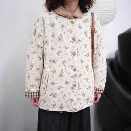 森系日韩棉夹棉外套复古碎花棉衣格子薄棉服外套女装