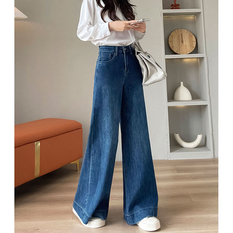 设计感小众阔腿牛仔裤女显瘦高腰春秋2025年弹力新款拖地裤复古蓝|undefined