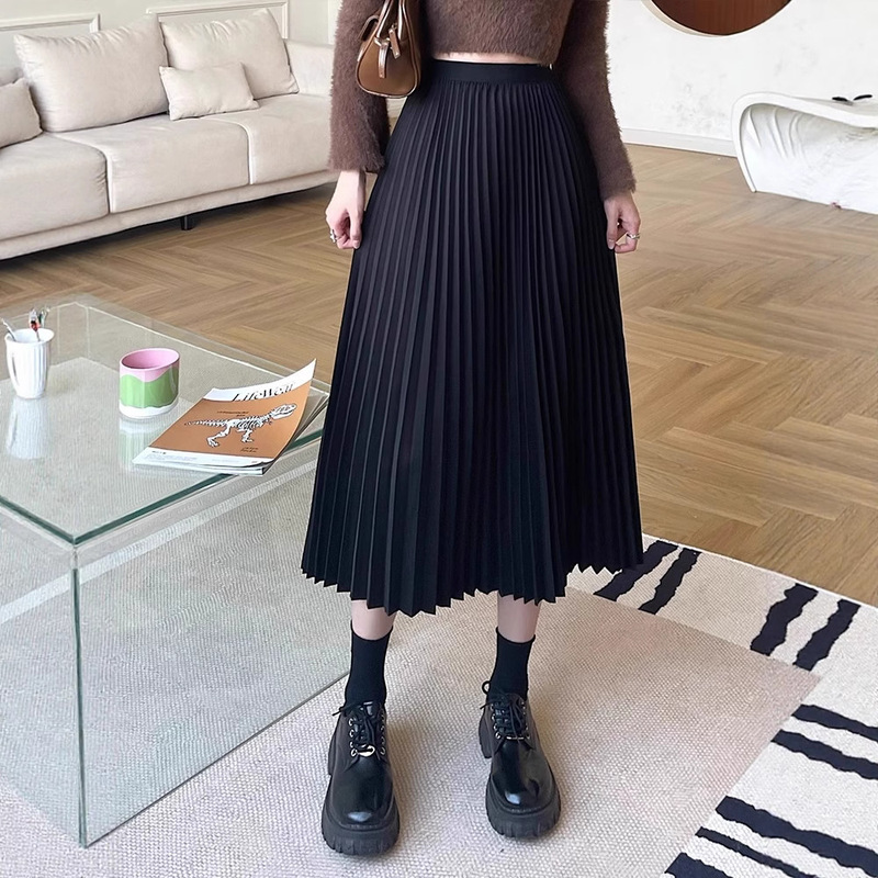 黒のスタイリッシュなプリーツスカートハイウエストストレートスカート女性のための 2025 新しい多用途痩身スカート在庫あり|undefined