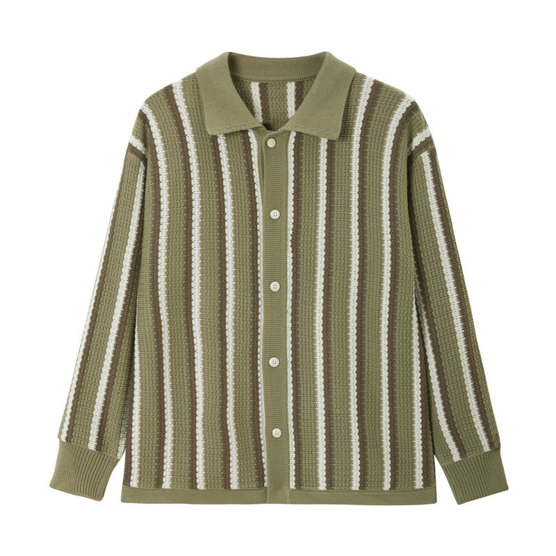 Suéter de hombre a rayas verticales primavera y otoño nuevo estilo retro estilo de Hong Kong con solapa de manga larga casual camisa de punto de tendencia de contraste