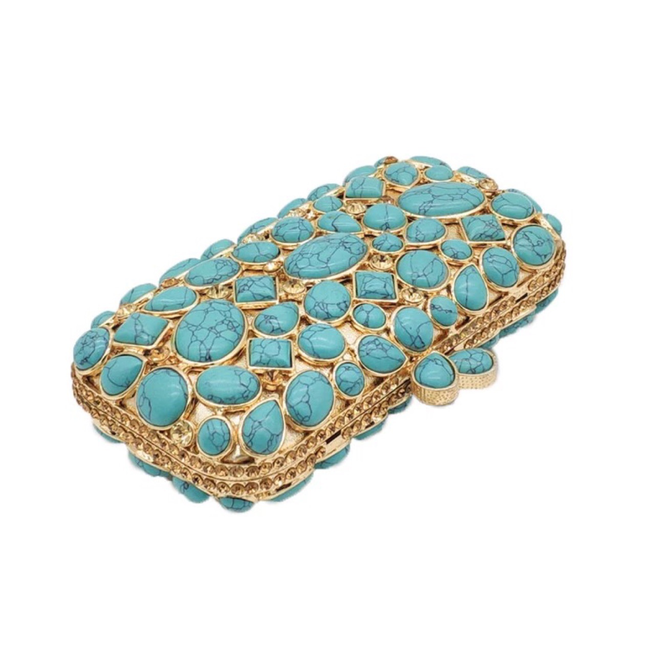 Túi clutch dạ tiệc đính đá rhinestone mã não màu ngọc lam — Màu vàng chi tiết 7