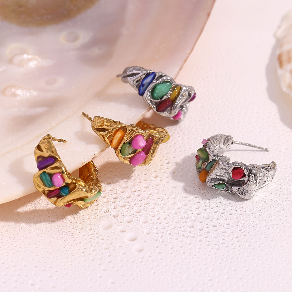 Stainless Steel Pleated Clay Stone Colored Earrings