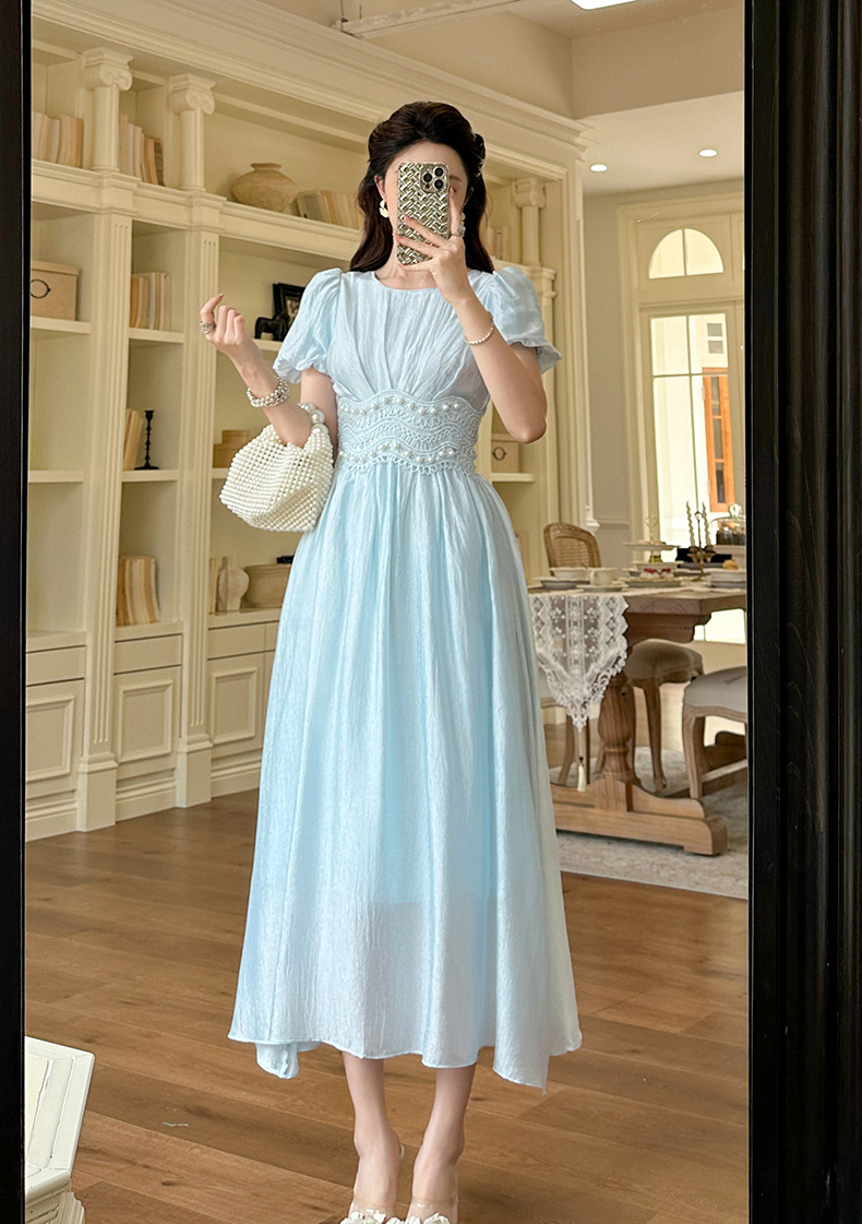 Đầm maxi nữ tay phồng thắt eo đính cườm dài qua gối — màu xanh chi tiết 10