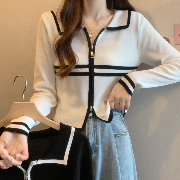 Hong Kong style retro chic versatile short zippered cardigan top for women's autumn new color matching striped polo shirt