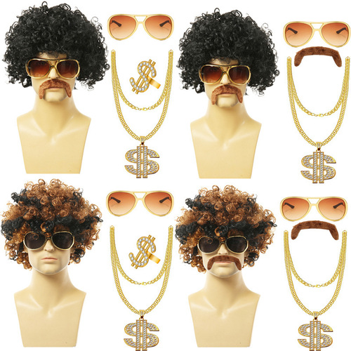 Halloween wig 80s punk hippie disco COS party wig European and American men's curly hair rock long curly hair