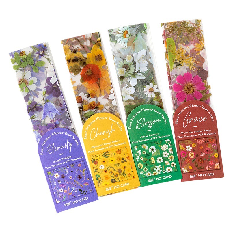 Momo translúcido marcador cuatro estaciones de viaje serie planta flor libro página clip estudiante suministros lectura libro clip