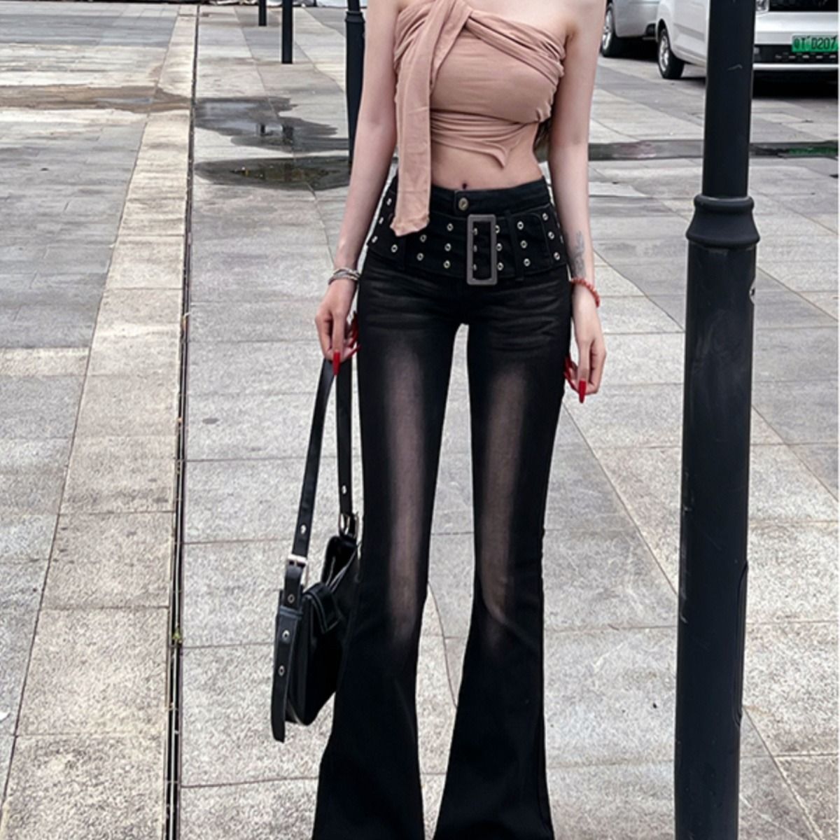 Cross-Border Retro Gradient Color Micro-Flare Jeans for Women, Autumn Design, American Style, High-Waisted, Stretchy, Slim-Fit, Floor-Length Pants