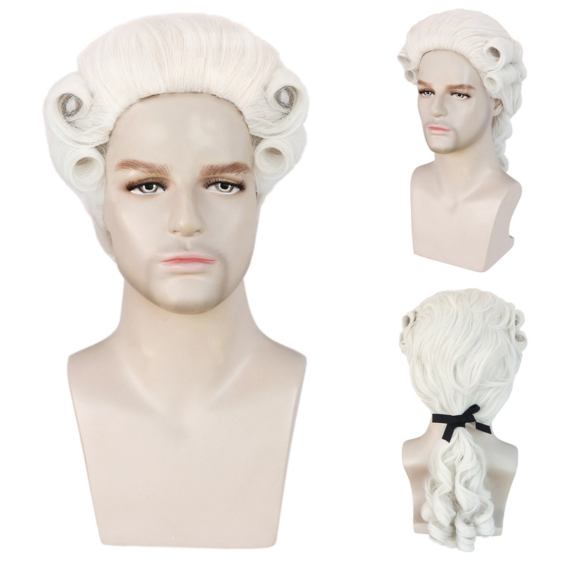 Colonial Wig Men's Long Curly Silver White Wig Washington Halloween Judge Lawyer Cos Character Headgear